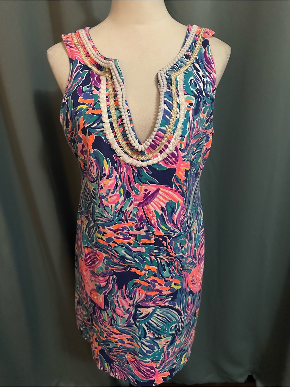 Lilly Pulitzer Dress Womens L Tropical Print Sleeveless Embellished V Neck